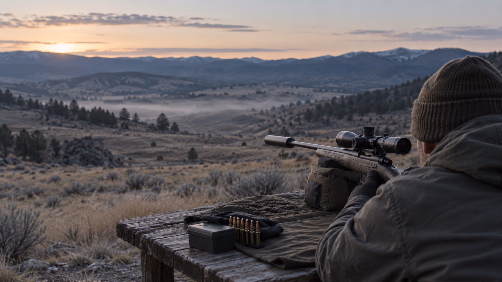 A shooter with a suppressed bolt-action rifle at a quiet mountain range at dawn